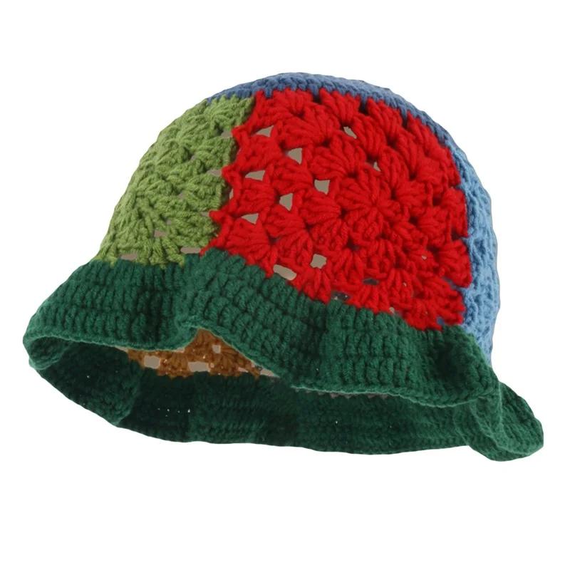 Women Crochet Bucket Cap Hollow Out Patchwork Knitted Fisherman Hat Dark Green Yellow Coffee Brown